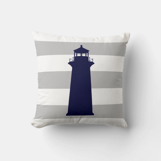 Blaue Leuchttürme auf grauen und weißen Streifen Kissen (Vorderseite)