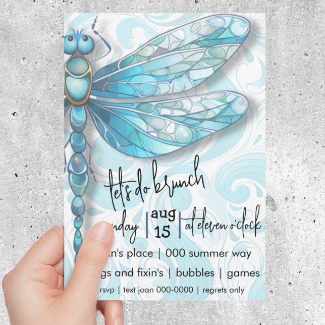 Blaue Libelle | Aqua Blue Wirbel | Naturliebhaber Einladung (Blue dragonfly customizable brunch or birthday invitation with aqua swirls. )