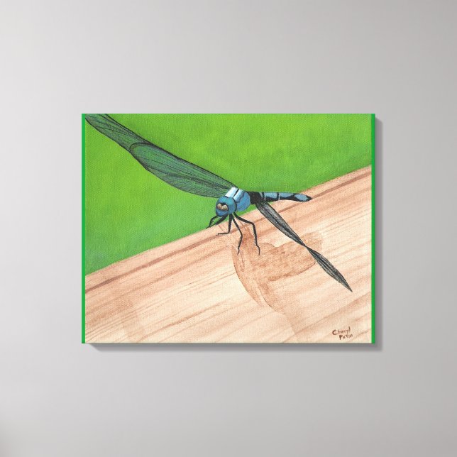 Blaue Libelle auf einer schienengepeitschten Canva Leinwanddruck (Vorderseite)