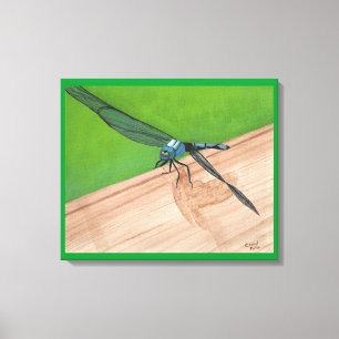 Blaue Libelle auf einer schienengepeitschten Canva Leinwanddruck