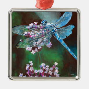 Blaue Libelle auf wilden Knoblauch Silbernes Ornament