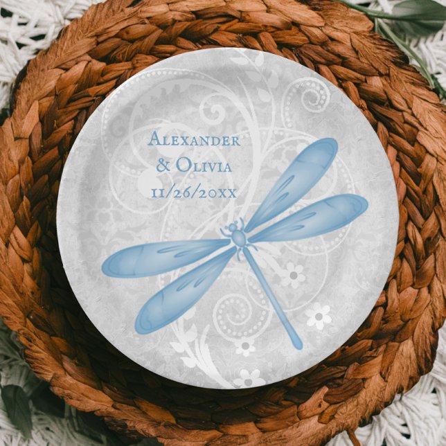 Blaue Libelle-Hochzeitsplatte Pappteller (Blue Dragonfly Wedding Paper Plate)