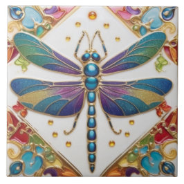 Blaue Libelle - mehrfarbiger Regenbogen farbig Fliese