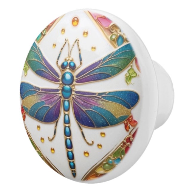 Blaue Libelle - mehrfarbiger Regenbogen farbig Keramikknauf (Rechts)