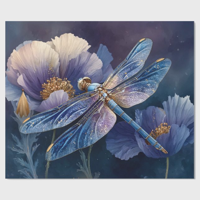 Blaue Libelle mit goldenen Flügeln Decoupage Geschenkpapier (Flach)