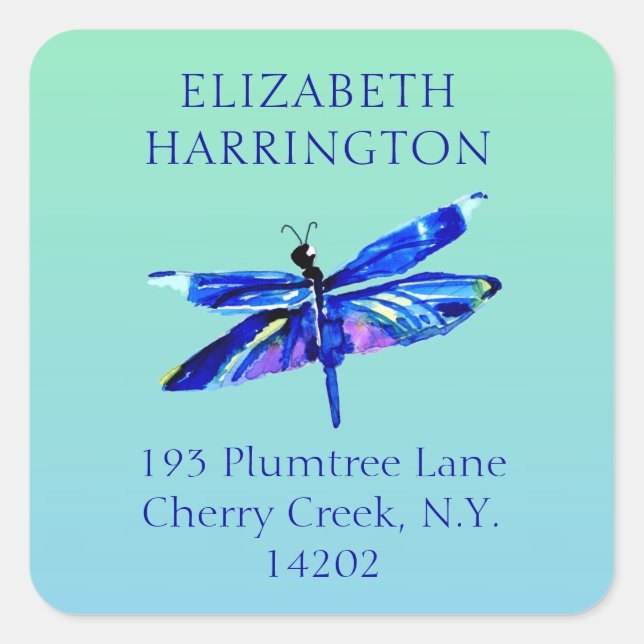 Blaue Libelle Watercolor Natur Rücksendeadresse Quadratischer Aufkleber (Vorderseite)