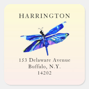 Blaue Libelle Watercolor Square Rücksendeadresse Quadratischer Aufkleber