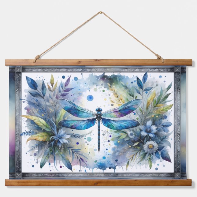 Blaue Libellen-Botanical-Wasserfarbe Wandteppich Mit Holzrahmen (Vorne)