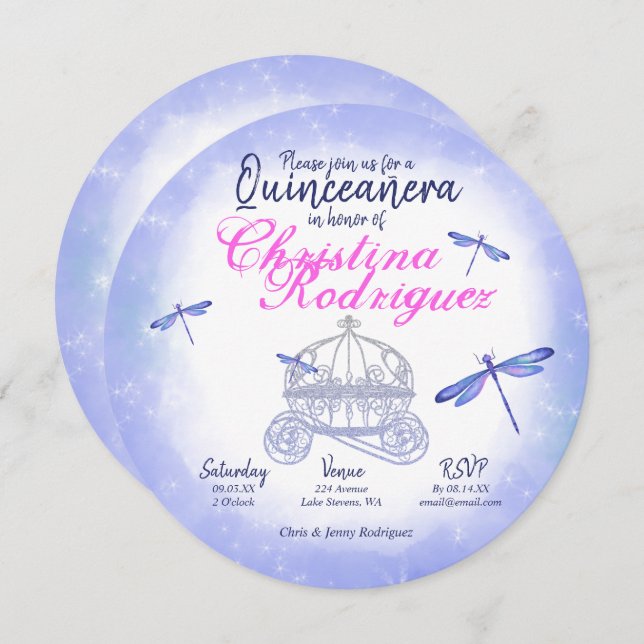 Blaue Libellen, Rosa Quinceañera Einladung (Vorne/Hinten)