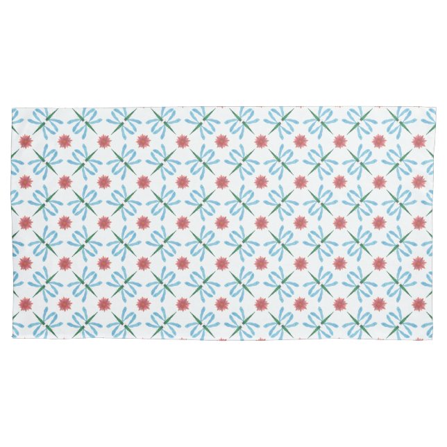 Blaue Libellen, rosa Wasserlilien auf Weiß Kissenbezug (Vorderseite-Links)