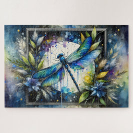 Blaue Libellen-Wasserfarben-Botanik Puzzle