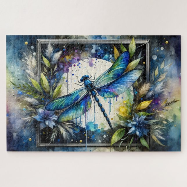Blaue Libellen-Wasserfarben-Botanik Puzzle (Horizontal)