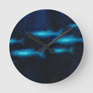 Blaue lichtdurchlässige Fisch-Silhouetten Runde Wanduhr