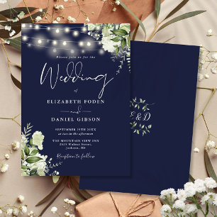 Blaue Lichterkette Florales Monogramm Hochzeit Einladung
