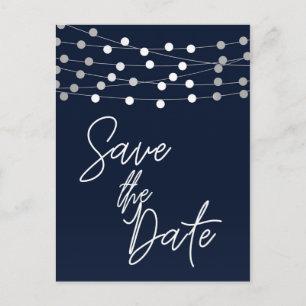Blaue Lichterkette Moderne Schrift Save the Date Ankündigungspostkarte