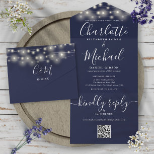 Blaue Lichterkette QR-Code-Monogramm-Hochzeit  All In One Einladung