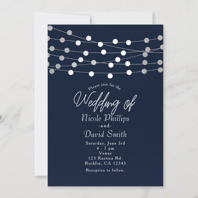 Blaue Lichterketten Moderne Schicke Hochzeit Einladung (Vorderseite)