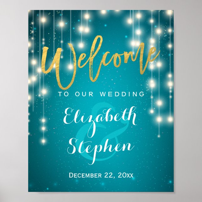 Blaue Lichterketten Willkommen Hochzeitsempfangssc Poster (Vorne)