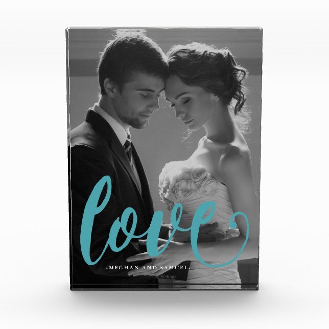 Blaue Liebe Typografie Foto und Name Foto Block (Vorderseite)