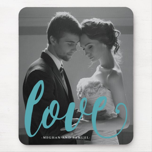 Blaue Liebe Typografie Foto und Name Mousepad (Vorne)