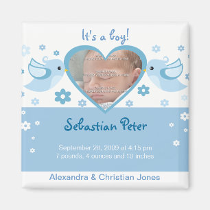Blaue Liebe-Vogel-Foto-Baby-Geburts-Mitteilung Magnet