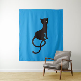 Blaue liebenswürdige schlechte schwarze Katze Wandteppich