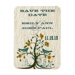Blaue Liebesvögel Holzmaserung Save the Date Magnet