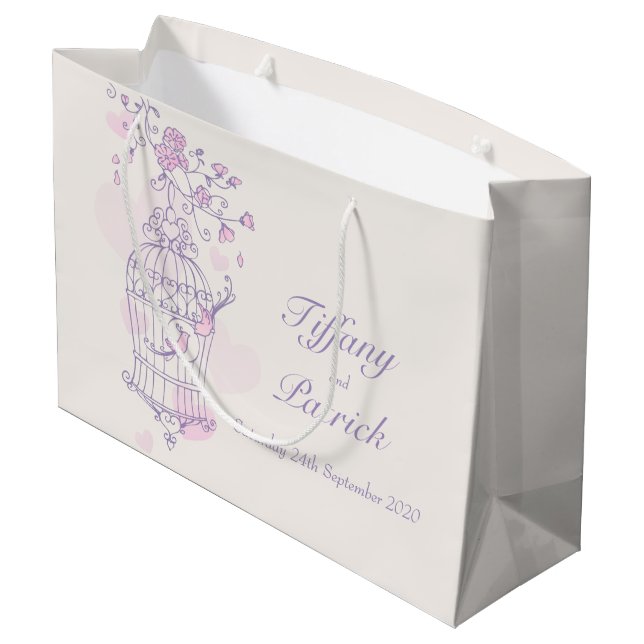 Blaue Liebesvögel öffnen Vogelkäfig Hochzeitsgesch Große Geschenktüte (Rückseite Schrägansicht)