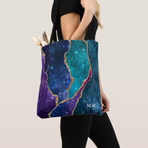 Blaue Lila Aqua Goldadern Achat Monogramm