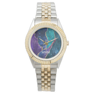 Blaue Lila Aqua Goldadern Achat Monogramm Armbanduhr