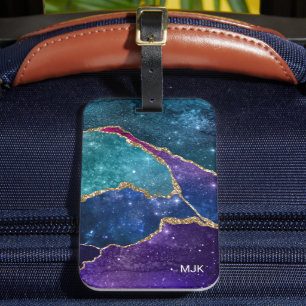 Blaue Lila Aqua Goldadern Achat Monogramm Gepäckanhänger