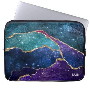 Blaue Lila Aqua Goldadern Achat Monogramm Laptopschutzhülle