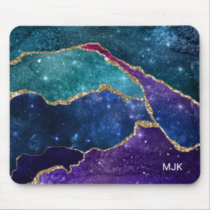 Blaue Lila Aqua Goldadern Achat Monogramm Mousepad
