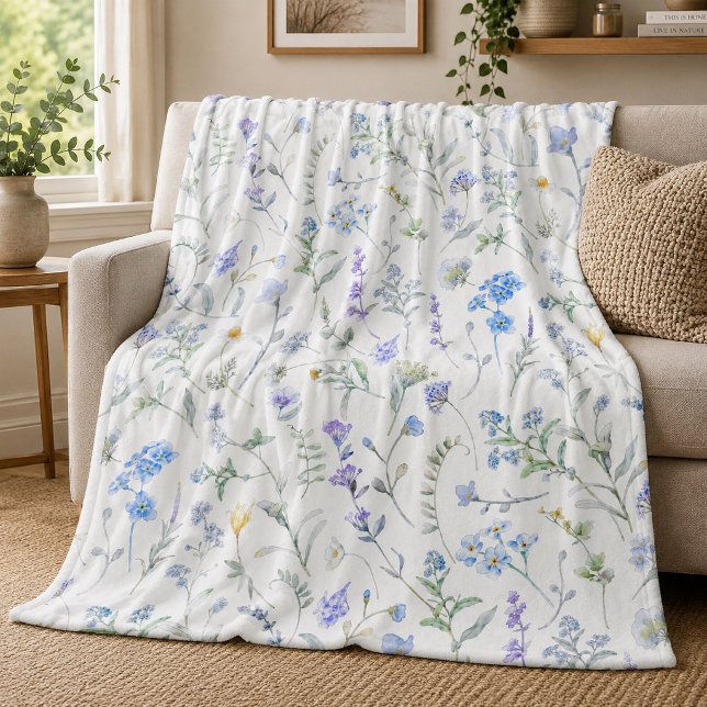 Blaue lila Aquarell-Wildblume Fleecedecke (Von Creator hochgeladen)