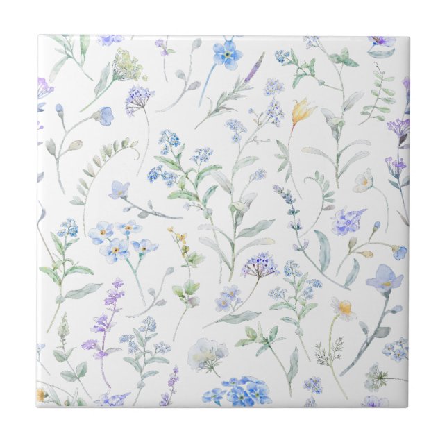 Blaue lila Aquarell-Wildblume Fliese (Vorderseite)