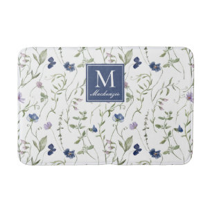 Blaue Lila Aquarell-Wildblumen-Monogramm Badematte