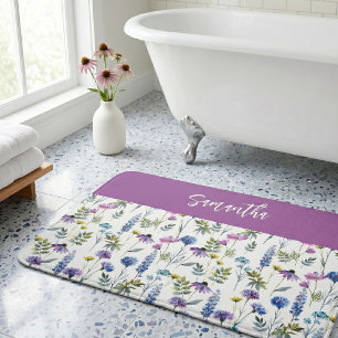 Blaue Lila Aquarell-Wildblumen-Monogramm Badematte