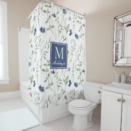Blaue Lila Aquarell-Wildblumen-Monogramm-Dusche Duschvorhang