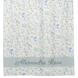 Blaue Lila Aquarell-Wildblumen-Monogramm-Name Duschvorhang