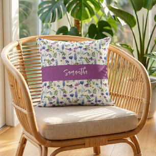 Blaue Lila Aquarell-Wildblumen-Monogramm-Name Kissen