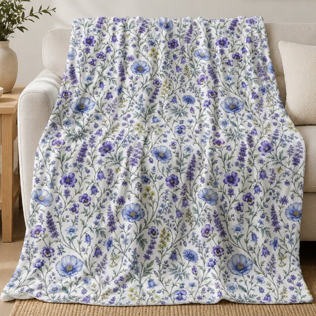 Blaue Lila Aquarell-Wildblumen-Muster Fleecedecke (Von Creator hochgeladen)