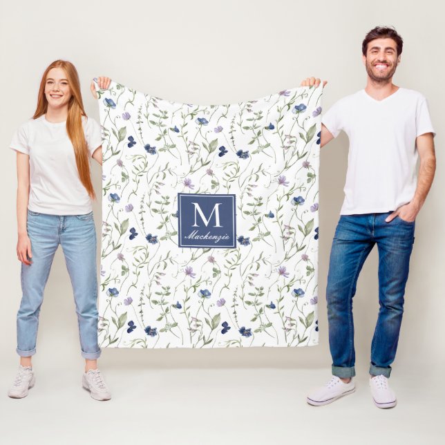 Blaue Lila Aquarell-Wildblumen-Name Fleecedecke (Beispiel)