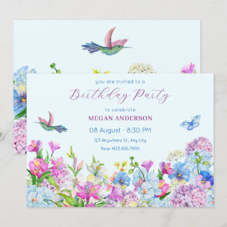 Blaue Lila Aquarellfarben Blume Blüte Geburtstag Einladung