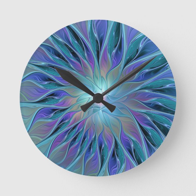 Blaue Lila Blume Traumstrecke Airolo - Fraktal Runde Wanduhr (Vorderseite)
