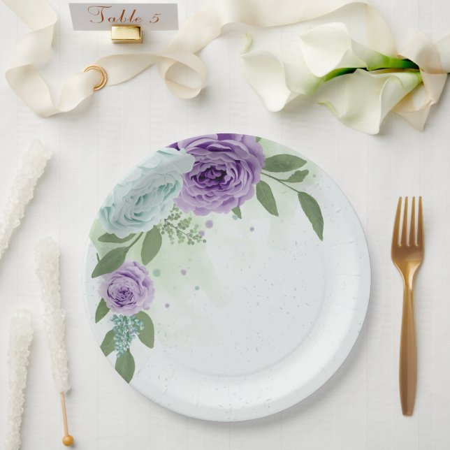 blaue lila Blumen Grün Botanik Pappteller (Hochzeit)