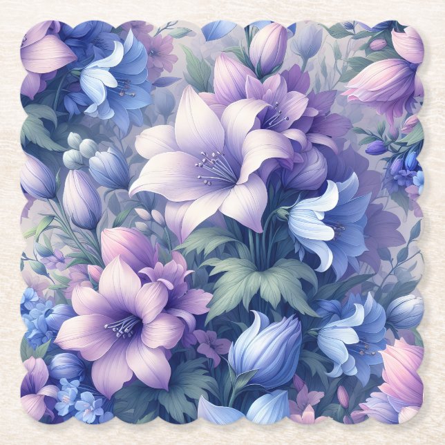 Blaue & Lila-Blumen-Papier-Getränkeuntersetzer – M Untersetzer (Vorderseite)