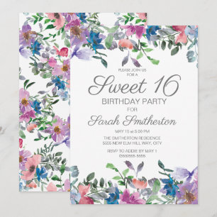 Blaue lila Blumen Sweet 16 Geburtstagsfeier Einladung