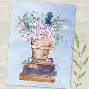 Blaue Lila Bücher und Blumen Kunst Postkarte