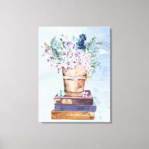 Blaue Lila Bücher und Blumen Leinwand Wandkunst