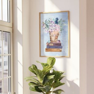 Blaue Lila Bücher und Blumen Wandkunst Poster